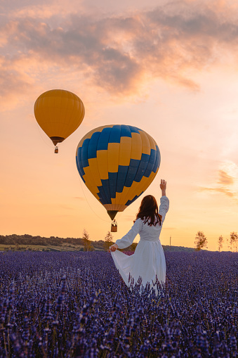 woman standing at lavender field looking at air balloons with basket sunset time