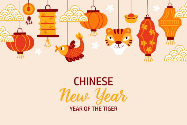 chinesischer neujahrsfeiertag süßer hintergrund. frohes neues jahr des tigers 2022. - chinesische laterne stock-grafiken, -clipart, -cartoons und -symbole