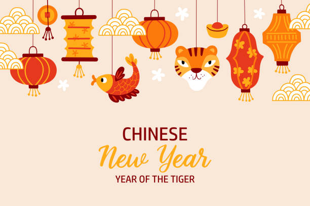ilustraciones, imágenes clip art, dibujos animados e iconos de stock de vacaciones del año nuevo chino lindo fondo. feliz año nuevo del tigre 2022. - chinese lantern