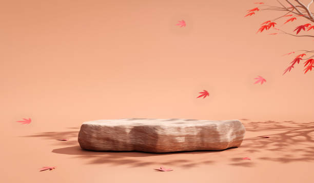 istock Natural Stone platform product display 3d background or empty stage nature showcase japan maple leaf concept and cosmetic rock pedestal podium on beauty backdrop scene with summer presentation studio. 1359796405