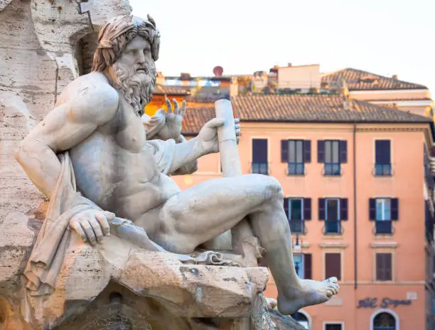 ROME, ITALY - CIRCA AUGUST 2020: - detail of Piazza Navona (Navona's Square) Bernini fountain,  one of the most famous sightseeing of the city.