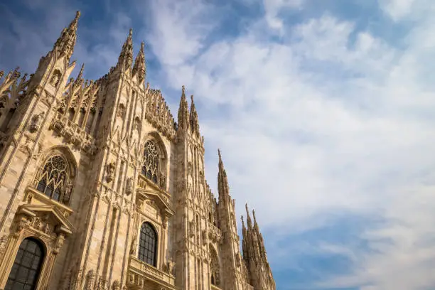 Milan Cathedral (Duomo di Milano) with copy space for text. Blue sky background and sunset light.