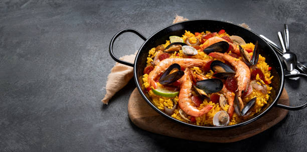 istock Seafood Paella on gray background. 1359797855