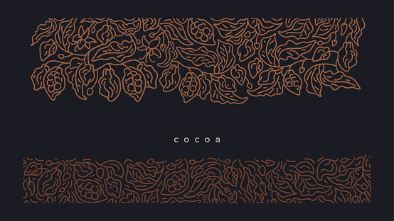 Cocoa golden border on black background. Art line ornament. Organic dark chocolate. Vector abstract fruit, texture leaf, branch. Graphic pattern, luxury illustration