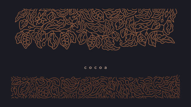 Cocoa golden border on black background. Art line Cocoa golden border on black background. Art line ornament. Organic dark chocolate. Vector abstract fruit, texture leaf, branch. Graphic pattern, luxury illustration fruit of islam stock illustrations