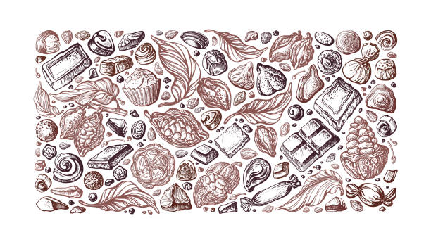 illustrazioni stock, clip art, cartoni animati e icone di tendenza di cacao, caramelle al cioccolato. schizzo vettoriale disegnato a mano - choco