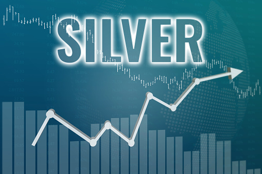Price change on trading Silver on dark blue finance background from graphs, charts, columns, candles, bars. Trend Up and Down, Flat. 3D render. Financial derivatives market concept