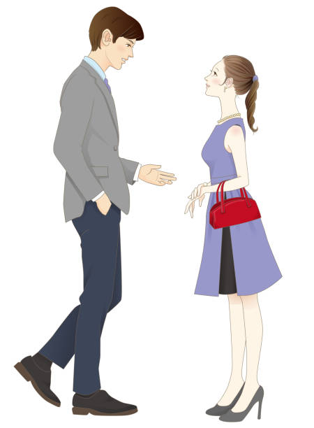 bildbanksillustrationer, clip art samt tecknat material och ikoner med a man in a jacket facing each other and a woman in a dress - speed dating
