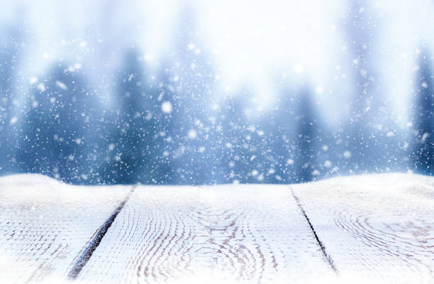 istock white wooden table in snow on blurred forest background 1359806392