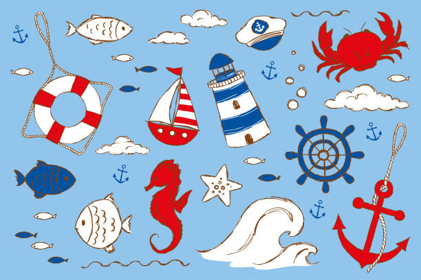 Marine collection. Marine collection with ship, anchor, lifebuoy, lighthouse, steering wheel, sailor's hat, fish, seahorse, crab, starfish, waves and clouds, hand-drawn. sailor hat stock illustrations
