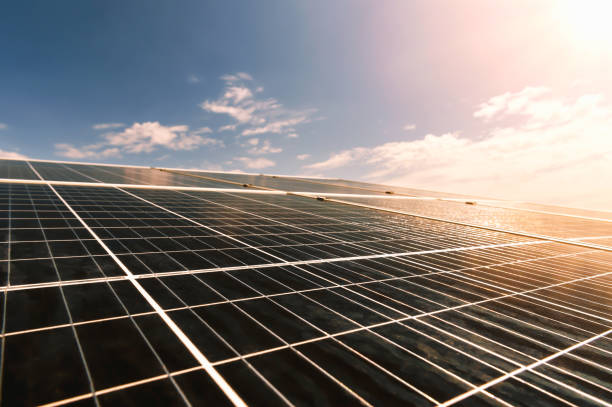istock Solar panel with blue sky and sunset. concept clean energy 1359810222