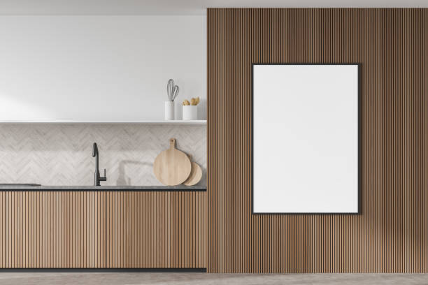 istock Wood and white kitchen with frame mockup on wall 1359810409