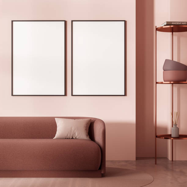 istock Pink sofa in living room interior with lamp, mockup posters 1359810448