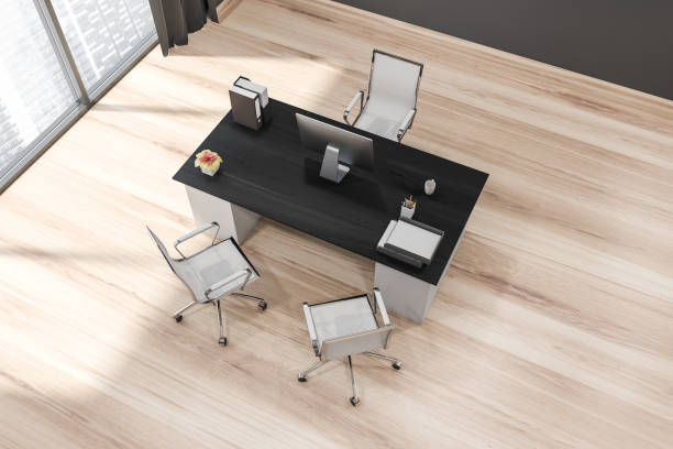 istock Modern wood office with three rolling chairs. Top view. 1359810508