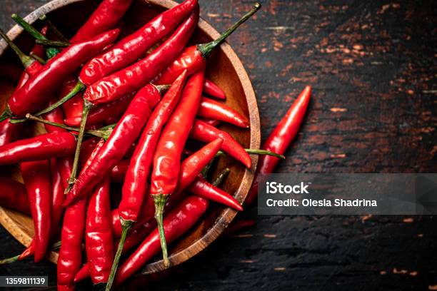 Wooden Plate With Hot Chili Peppers Stock Photo - Download Image Now - Chili Pepper, Pepper - Vegetable, Cayenne Pepper
