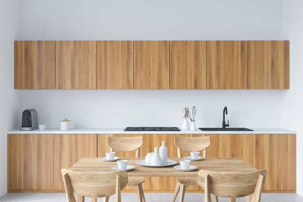 istock Wooden kitchen set interior with dining table and chairs, shelf with kitchenware 1359811687