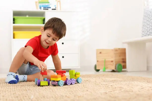Photo of Cute little boy playing with colorful toys on floor at home, space for text