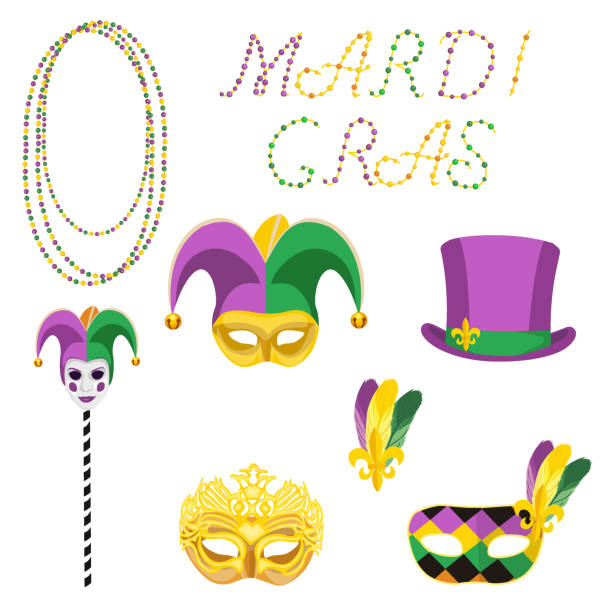 zestaw przedmiotów imprezowych mardi gras. tło karnawałowe dla tradycyjnego święta lub festiwalu. - feather purple bird isolated stock illustrations