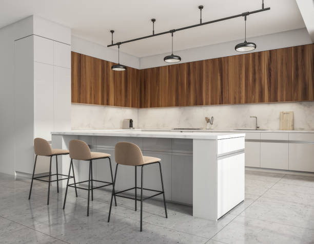 istock Corner view on kitchen room interior with white bar counter 1359812465