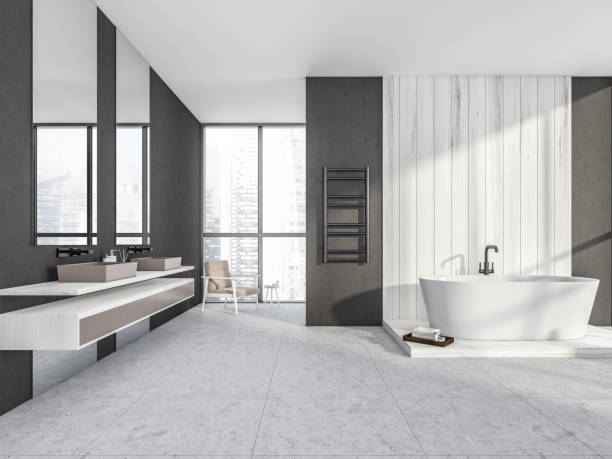 istock Grey and white wood bathroom space 1359812473