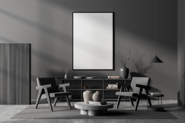 istock Grey living room interior with armchairs and coffee table, mockup poster 1359812504