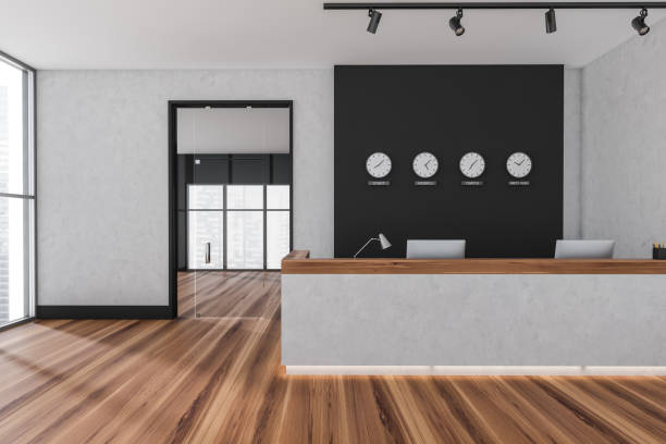 istock White and black reception with bright wood floor 1359812693