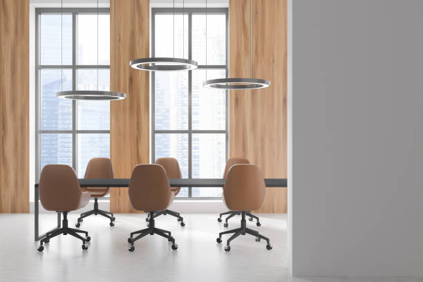 istock Light conference interior with armchairs and table with lamps, mockup 1359812704