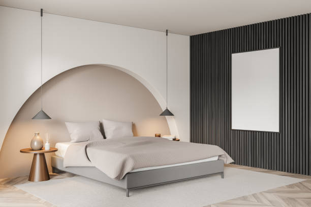istock Canvas in modern beige bedroom with wall arch. Corner view. 1359812786