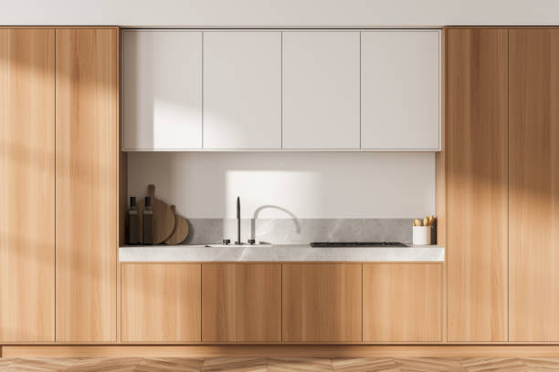 istock Light kitchen set interior with shelves and appliances, parquet floor 1359812956