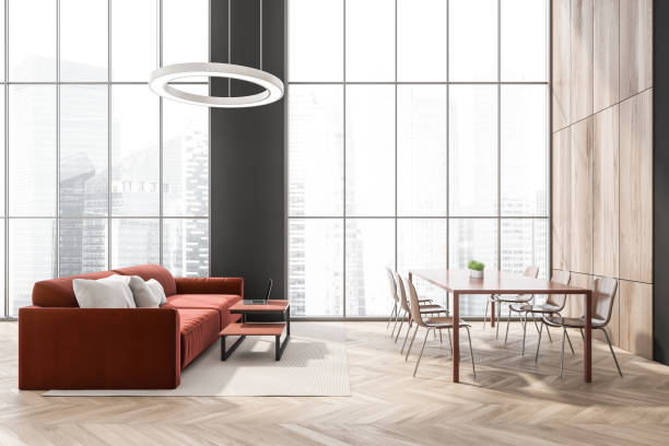 istock Bright dining room interior with panoramic window with Singapore view 1359813499