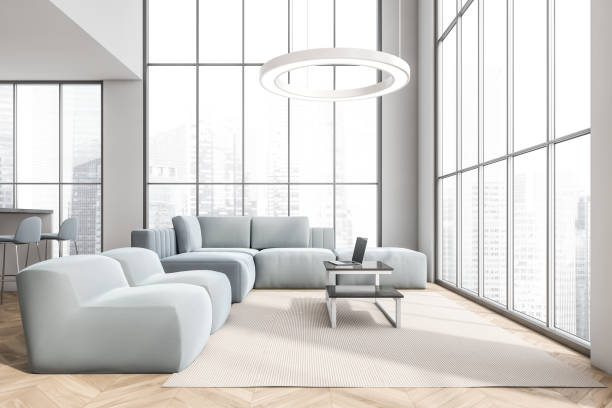 istock Bright living room interior with panoramic window with Singapore view 1359813527