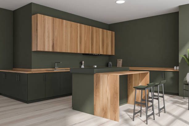 istock Green kitchen interior with table and two chairs on parquet floor 1359813575