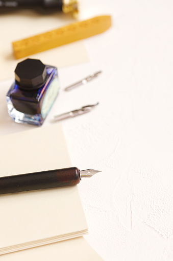 Calligraphy: Set of vingate fountain pens. Artistic equipment. Calligraphic accessories.