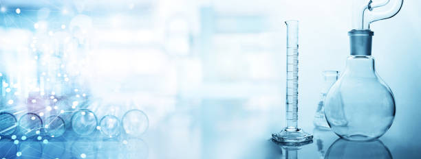 istock round glass flask with extraction glassware set with blue chemical molecular structure in chemistry science lab banner background 1359815981