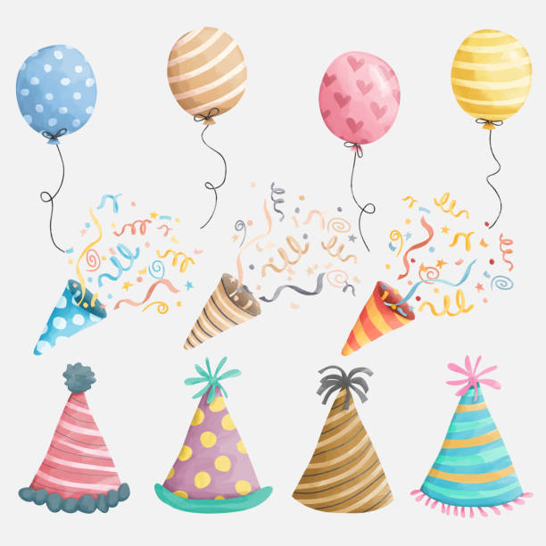 illustrazioni stock, clip art, cartoni animati e icone di tendenza di elementi di celebrazione della festa dell'acquerello - party hat party popper party congratulating