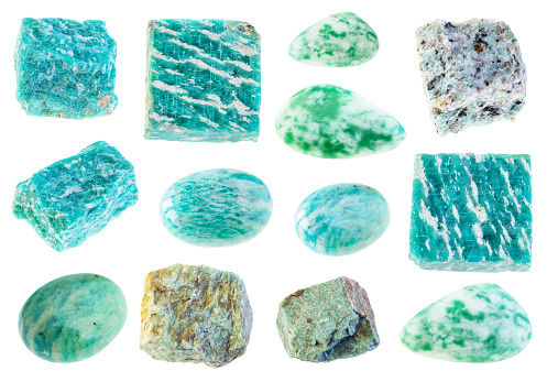 set of various amazonite gem stones cutout on white background