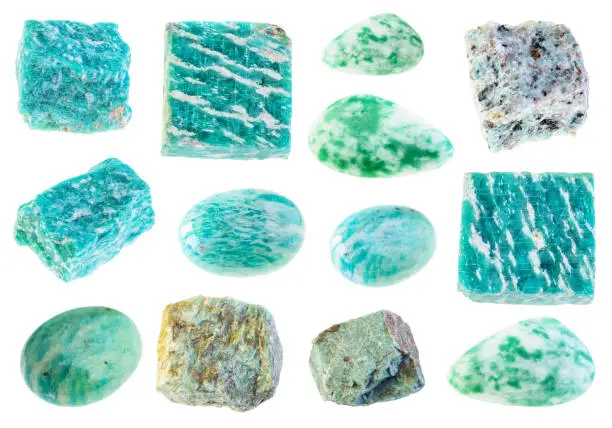 set of various amazonite gem stones cutout on white background