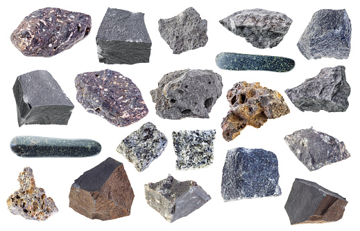 set of various basalt stones cutout on white backgroun