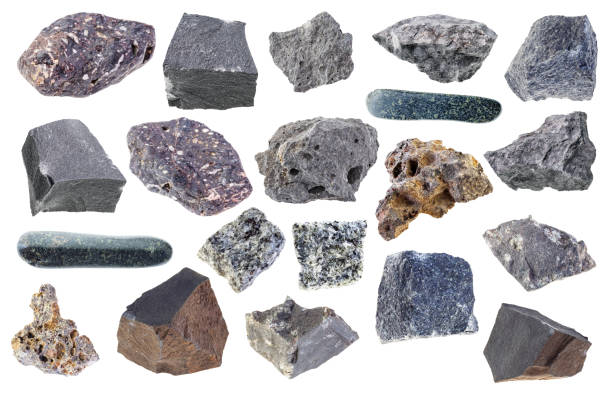 set of various basalt stones cutout on white set of various basalt stones cutout on white backgroun igneous rock stock pictures, royalty-free photos & images