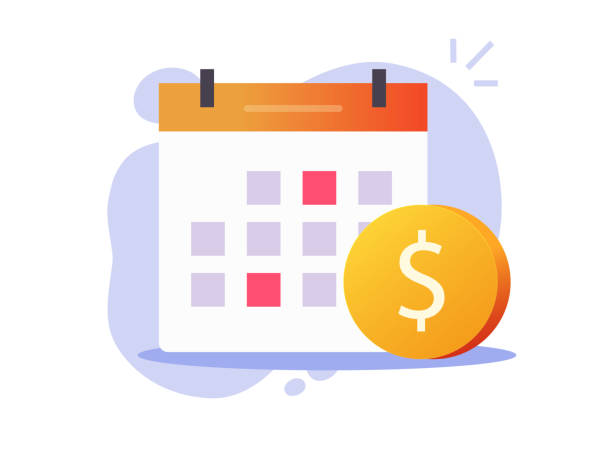 ilustrações de stock, clip art, desenhos animados e ícones de recurring pay and monthly payment day or loan or money cash payday icon on calendar vector flat cartoon symbol, scheduled annual credit bill, financial subscription agenda - monthly