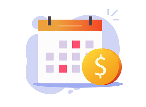 Recurring pay and monthly payment day or loan or money cash payday icon on calendar vector flat cartoon symbol, scheduled annual credit bill, financial subscription agenda
