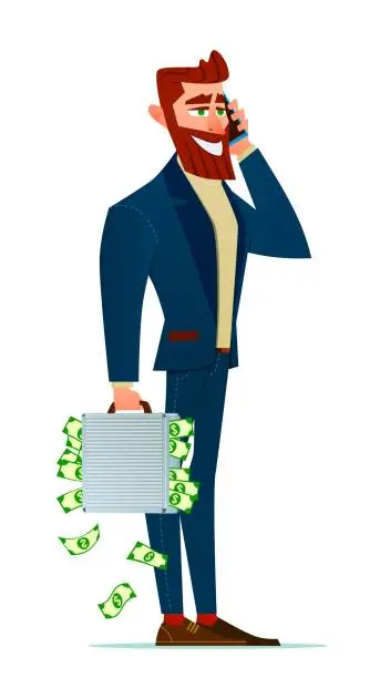 Vector illustration of Businessman talking on a smartphone with a briefcase in his hand