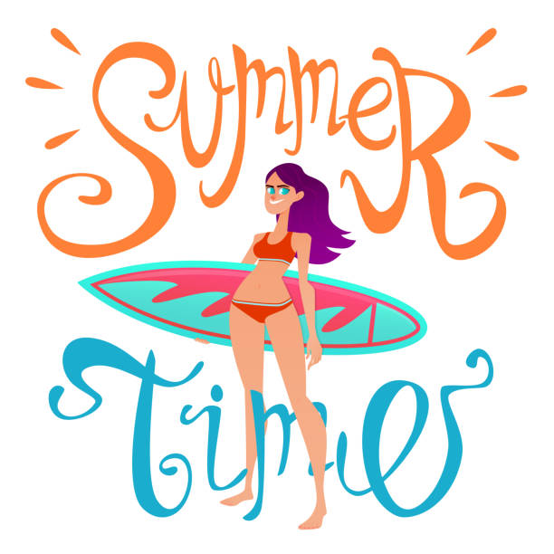 illustrazioni stock, clip art, cartoni animati e icone di tendenza di lettering dell'ora legale - one person white background swimwear surfboard