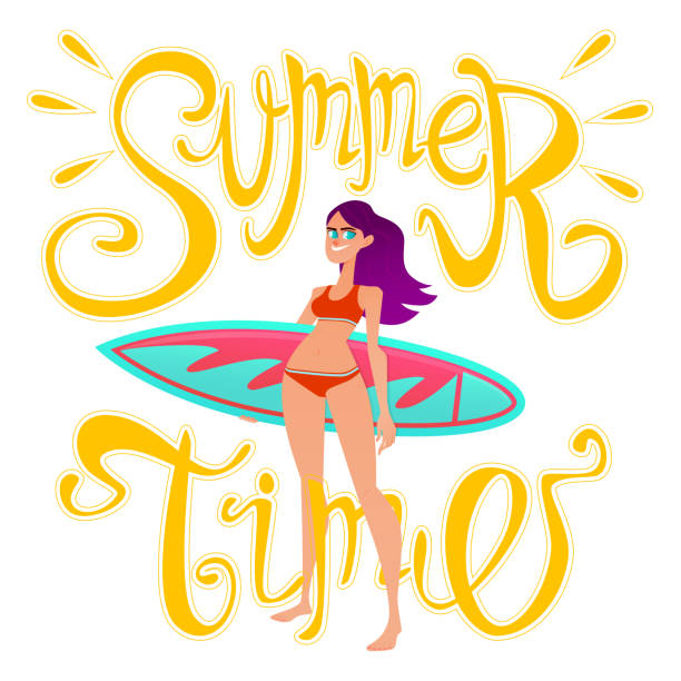 illustrazioni stock, clip art, cartoni animati e icone di tendenza di lettering dell'ora legale - one person white background swimwear surfboard