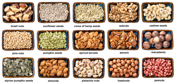 istock set of various peeled nuts in bowls with names 1359820419