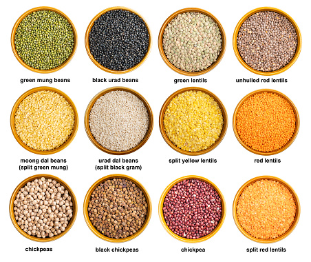 set of various lentils in bowls with names cutout on white background