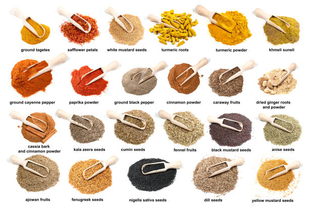 set of wooden scoopes on piles of flavorings set of wooden scoopes on piles of flavorings cutout on white background caraway seed stock pictures, royalty-free photos & images