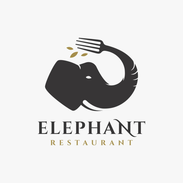 illustrazioni stock, clip art, cartoni animati e icone di tendenza di forchetta creativa e vettore dell'icona del logo dell'elefante su sfondo bianco. - silverware food and drink industry food service occupation dinner