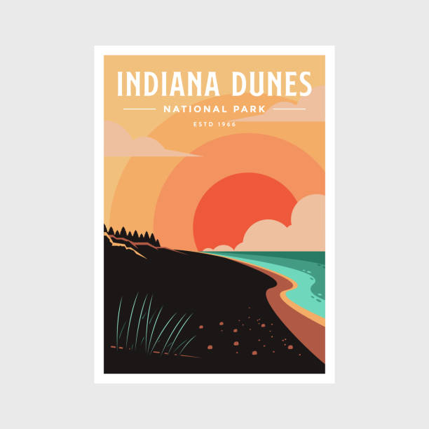인디애나 모래 국립 공원 포스터 벡터 일러스트 디자인 - usa travel sunset summer stock illustrations