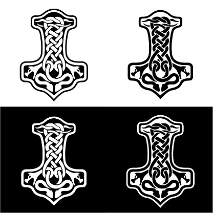 Thor s hammer Mjolnir Celtic knot, Scandinavian Viking style ornament. Hand drawing. Isolated vector illustration.